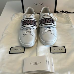 Gucci Women Ace Love Embellished Snap On Patch Sneakers White Size 37.5 EU